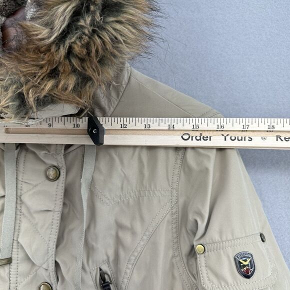 1 Madison Expedition Tan Long Winter Coat Faux Fur Hood Women’s S Retro Preppy‎ - Picture 4 of 10